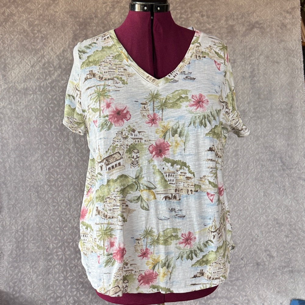 Cynthia Rowley Cream V-Neck Tropical Print Tee with Pink & Green Accents